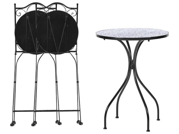 Caféset Utomhus Trädgård Svart Metall Järnram Blått Mosaikplattor Mönster Bord Stolar Vintage Stil Utomhus