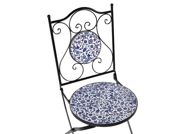 Caféset Utomhus Trädgård Svart Metall Järnram Blått Mosaikplattor Mönster Bord Stolar Vintage Stil Utomhus