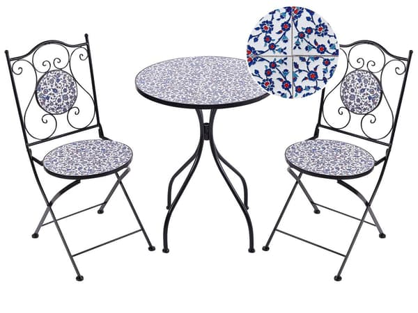 Caféset Utomhus Trädgård Svart Metall Järnram Blått Mosaikplattor Mönster Bord Stolar Vintage Stil Utomhus