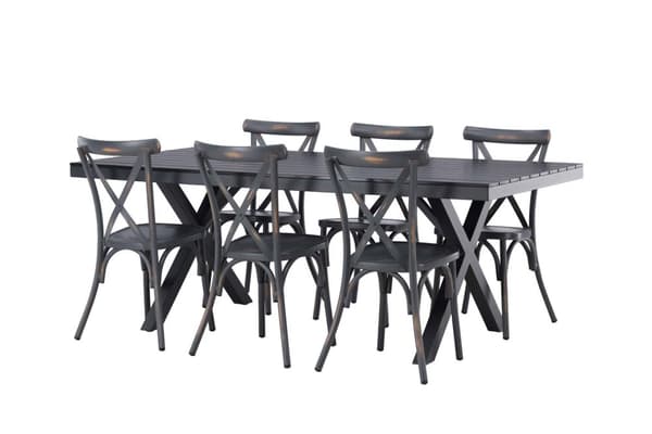 Garcia hagesett bord 100x200cm svart, 6 stoler Pek
