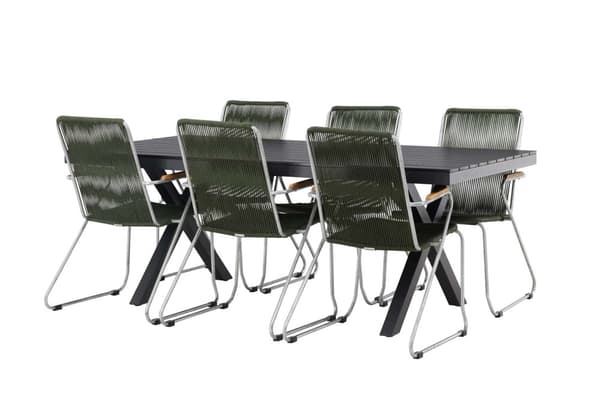 Garcia hagesett bord 100x200cm svart, 6 stoler Boi