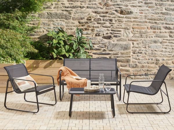 Hagesofasett Svart Stål Loungesett 4 seters Sett med Bord Industriell Stil Hage Uteplass Balkong