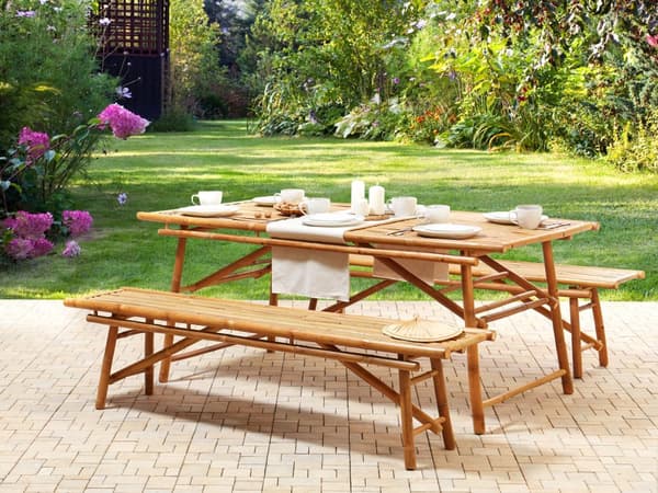 Utegrupp med Bord och 2 Bänkar Ljus Bambu 180 cm Hopfällbara Naturlig Design Trädgård Uteplats Terrass