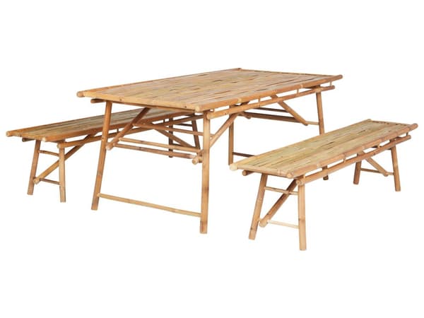 Utegrupp med Bord och 2 Bänkar Ljus Bambu 180 cm Hopfällbara Naturlig Design Trädgård Uteplats Terrass