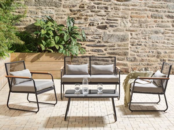 Hagesett Svart Stål med Grå Puter Loungesett 4 Seter Sett Bord Moderne