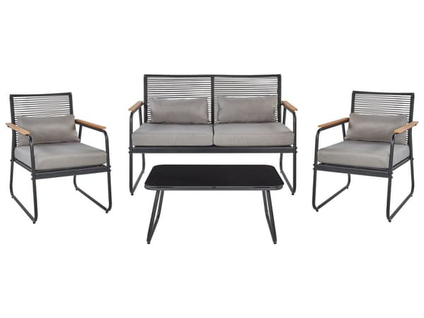 Hagesett Svart Stål med Grå Puter Loungesett 4 Seter Sett Bord Moderne