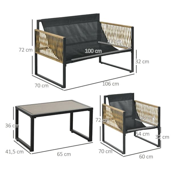 Rootz Trädgårdsmöbelset - 4 delar - Soffa - 2 stolar - Bord - Glasskiva - Sittdynor - PE Rotting-polyester-stål - Antracit-brun - 106 x 70D x 72H cm