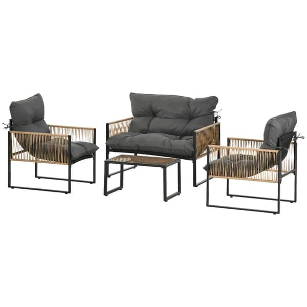 Rootz Trädgårdsmöbelset - 4 delar - Soffa - 2 stolar - Bord - Glasskiva - Sittdynor - PE Rotting-polyester-stål - Antracit-brun - 106 x 70D x 72H cm