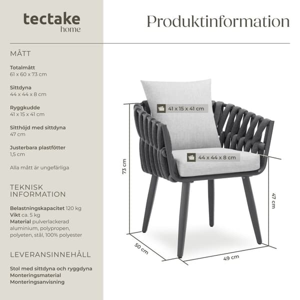 Trädgårdsstol Lugano i repdesign med aluminiumram - antracit