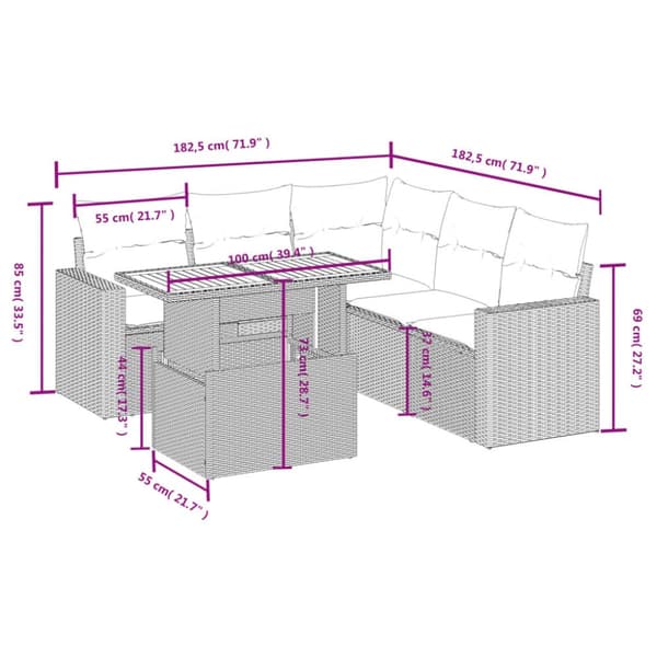 vidaXL sofasæt til haven 6 dele med hynder polyrattan grå