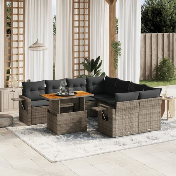vidaXL sofasæt til haven 9 dele med hynder polyrattan grå