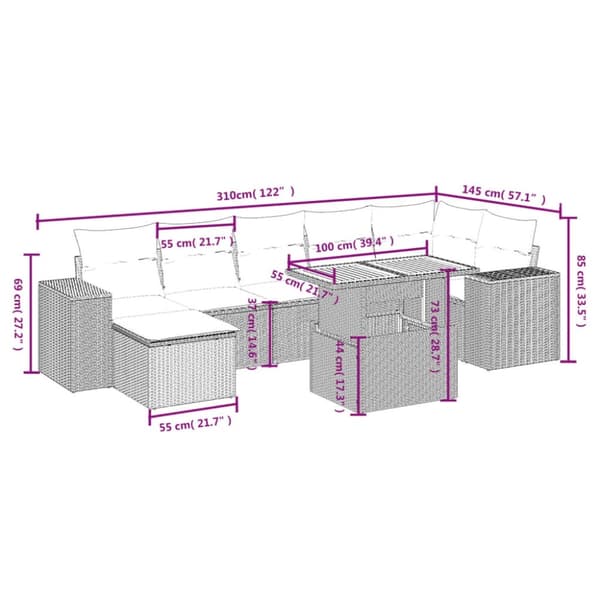 vidaXL sofasæt til haven 8 dele med hynder polyrattan grå