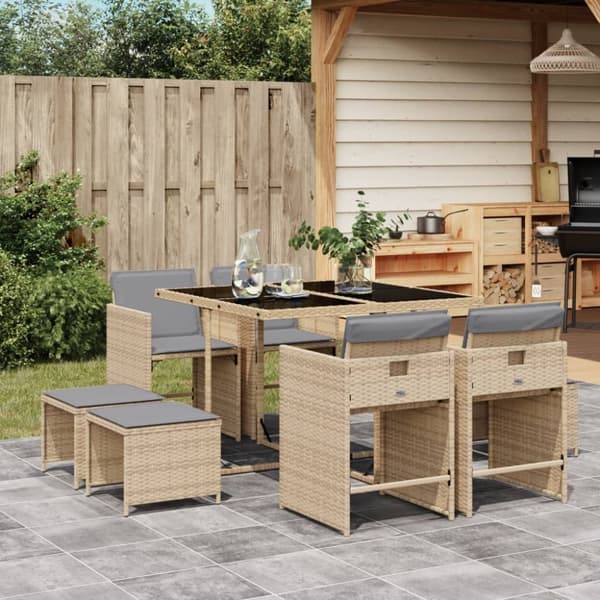 vidaXL Matgrupp för trädgården med dynor 9 delar mixbeige konstrotting