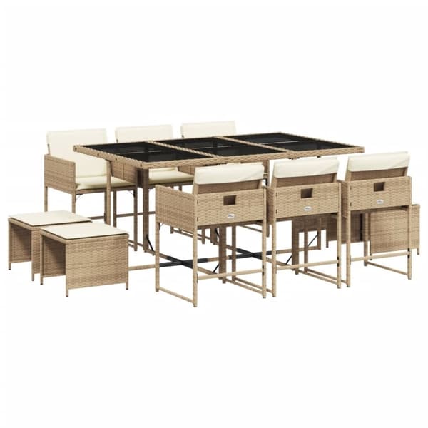 vidaXL spisebordssæt til haven 11 dele med hynder polyrattan beige