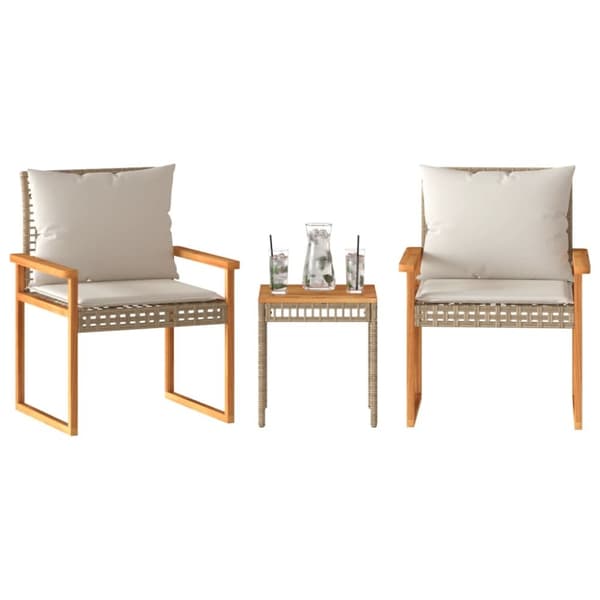 vidaXL bistrosæt 3 dele med hynder polyrattan og akacietræ beige