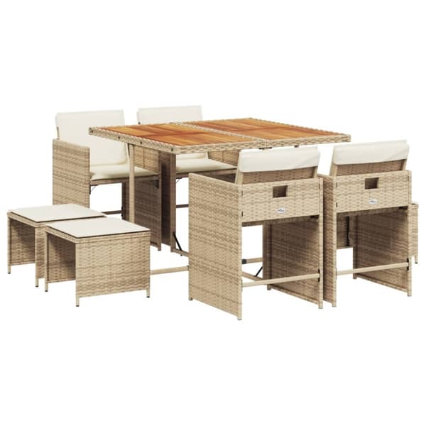 vidaXL spisebordssæt til haven 9 dele med hynder polyrattan beige