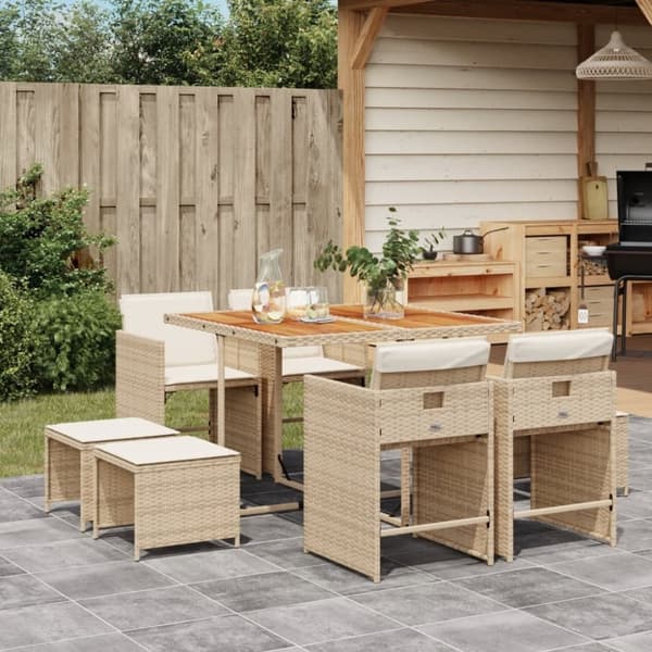 vidaXL spisebordssæt til haven 9 dele med hynder polyrattan beige