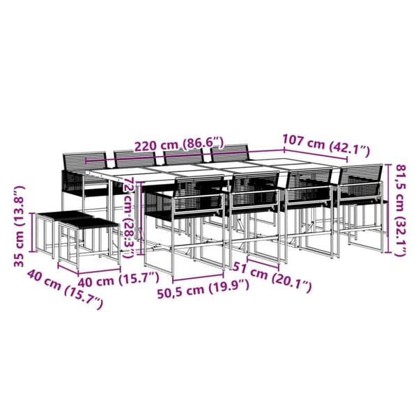 vidaXL Hagespisegruppe 13 deler svart polyrotting