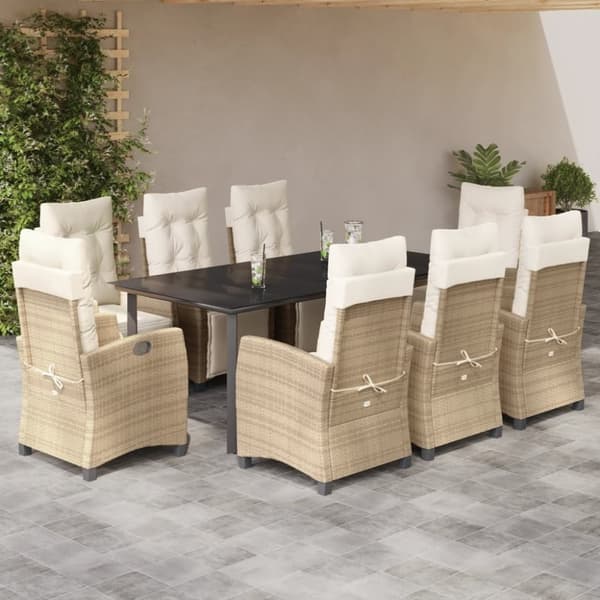 vidaXL spisebordssæt til haven 9 dele med hynder polyrattan beige