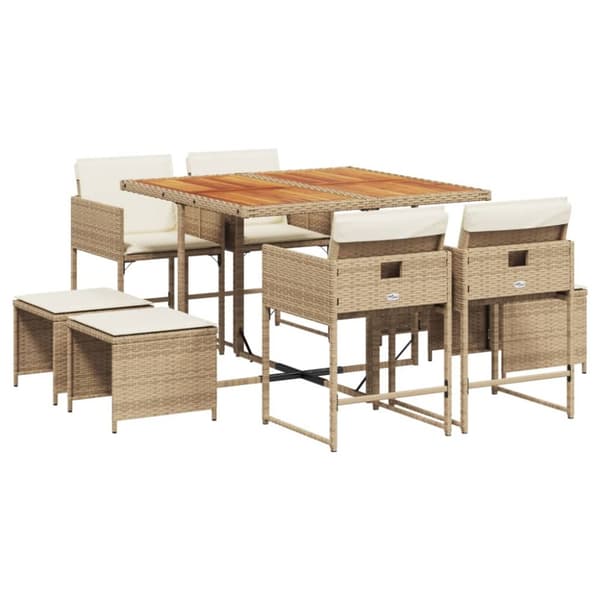 vidaXL spisebordssæt til haven 9 dele med hynder polyrattan beige