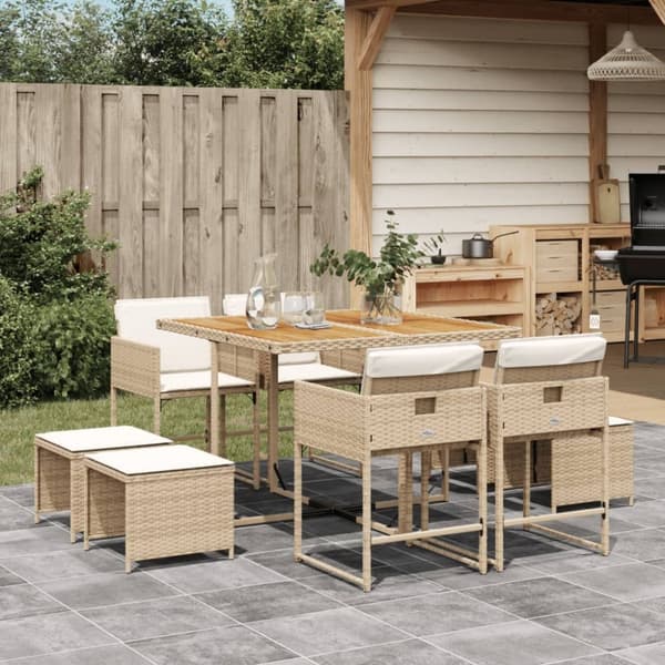 vidaXL spisebordssæt til haven 9 dele med hynder polyrattan beige