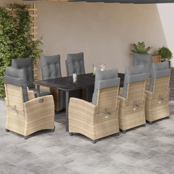 vidaXL spisebordssæt til haven 9 dele med hynder polyrattan beige