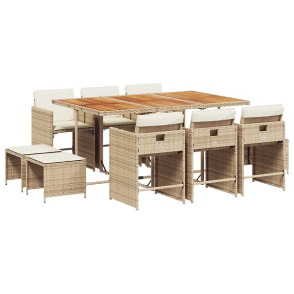vidaXL spisebordssæt til haven 11 dele med hynder polyrattan beige