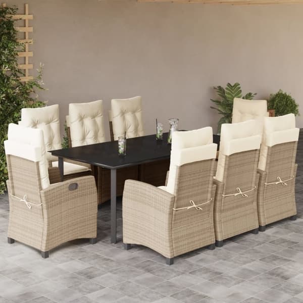 vidaXL spisebordssæt til haven 9 dele med hynder polyrattan beige