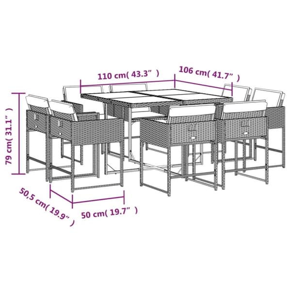 vidaXL Matgrupp för trädgården med dynor 9 delar mixbeige konstrotting
