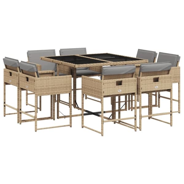 vidaXL Matgrupp för trädgården med dynor 9 delar mixbeige konstrotting