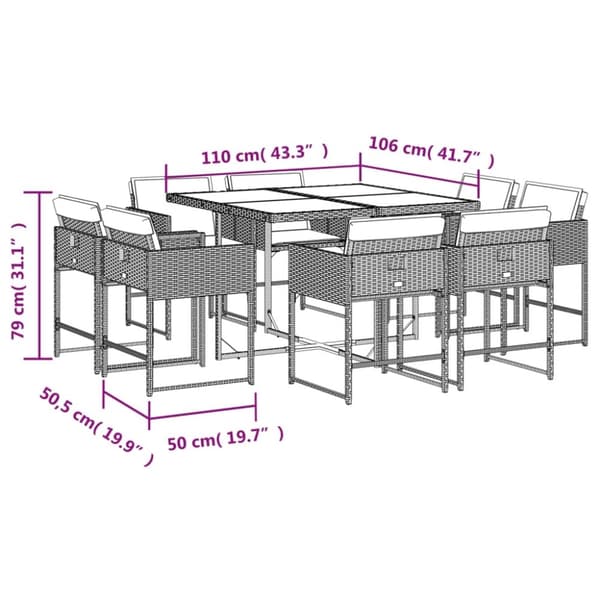 vidaXL Matgrupp för trädgården med dynor 9 delar beige konstrotting