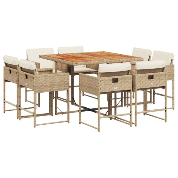vidaXL Matgrupp för trädgården med dynor 9 delar beige konstrotting