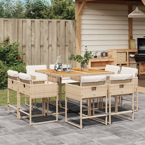 vidaXL Matgrupp för trädgården med dynor 9 delar beige konstrotting