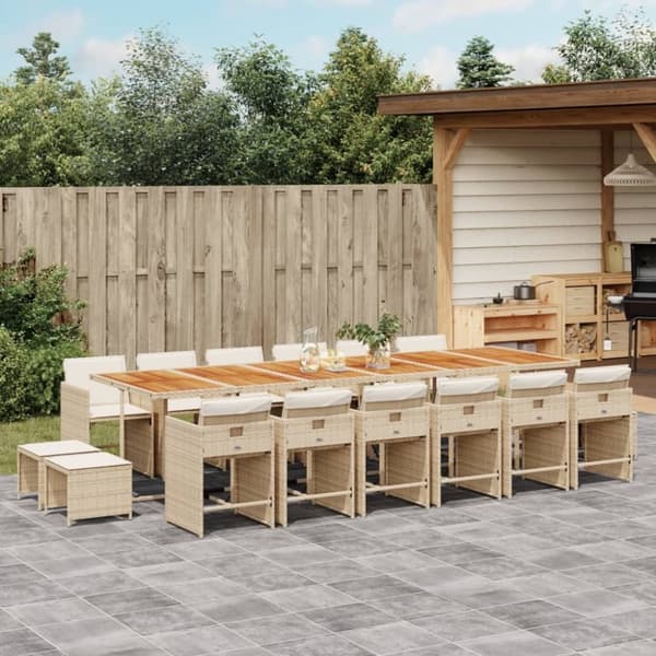 vidaXL spisebordssæt til haven 17 dele med hynder polyrattan beige