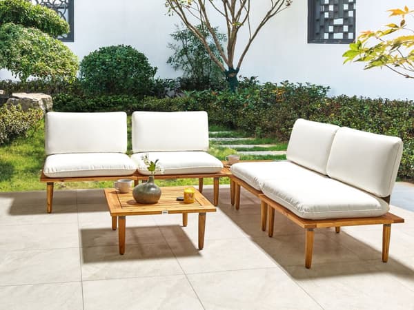 Hagesofasett Off-White Puter Akasietre Moderne Utendørs 4 Seter Lenestoler 1 Bord