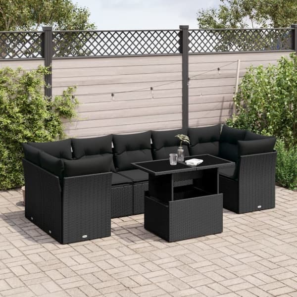 vidaXL sofasæt til haven 8 dele med hynder polyrattan sort