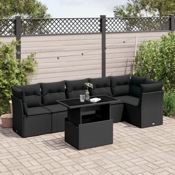 vidaXL sofasæt til haven 7 dele med hynder polyrattan sort