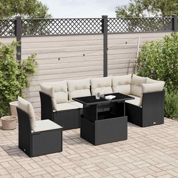 vidaXL sofasæt til haven 7 dele med hynder polyrattan sort