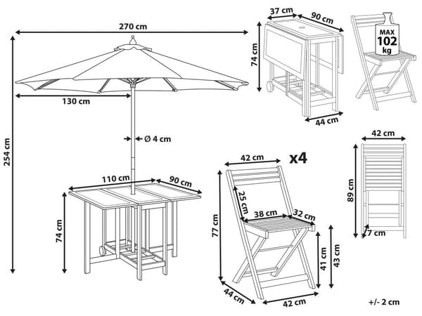 Hagespisesett 6 Deler Rektangulært bord Lyst Massivt Akasietre 4 Stoler med Parasol Utendørs Sammenleggbar Rustikk Stil Moderne Design