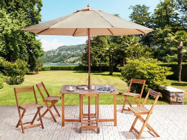 Hagespisesett 6 Deler Rektangulært bord Lyst Massivt Akasietre 4 Stoler med Parasol Utendørs Sammenleggbar Rustikk Stil Moderne Design