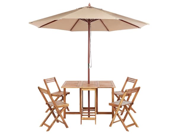 Hagespisesett 6 Deler Rektangulært bord Lyst Massivt Akasietre 4 Stoler med Parasol Utendørs Sammenleggbar Rustikk Stil Moderne Design