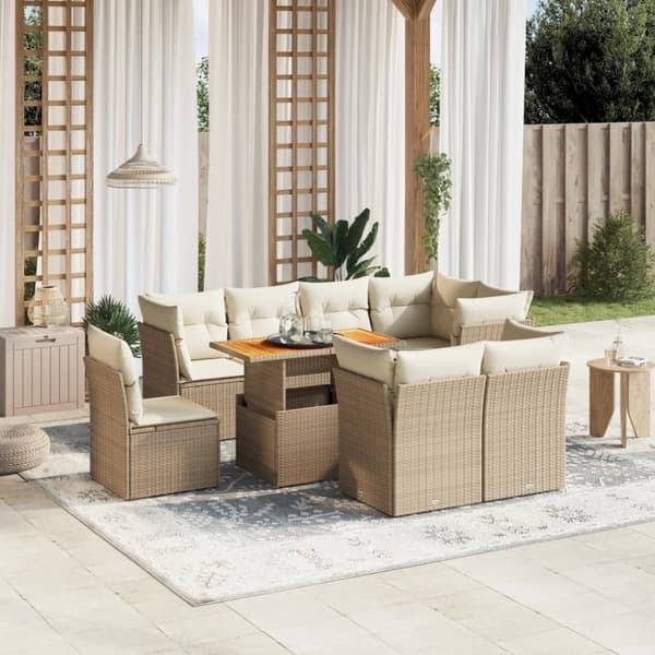 vidaXL Soffgrupp för trädgården med dynor 9 delar beige konstrotting
