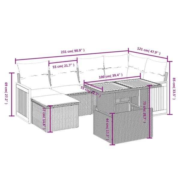 vidaXL sofasæt til haven 7 dele med hynder polyrattan beige