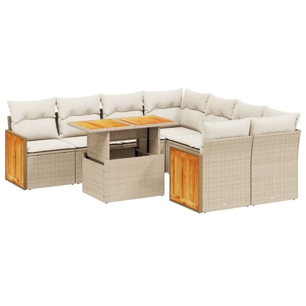 vidaXL Soffgrupp för trädgården med dynor 9 delar beige konstrotting