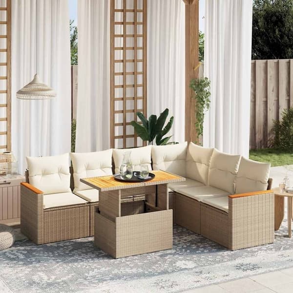 vidaXL sofasæt til haven 7 dele med hynder polyrattan beige
