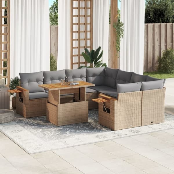 vidaXL Soffgrupp för trädgården med dynor 9 delar beige konstrotting