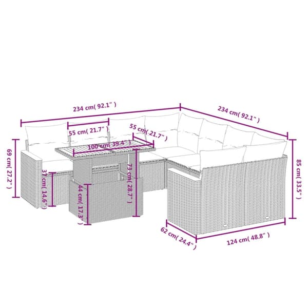vidaXL sofasæt til haven 9 dele med hynder polyrattan beige