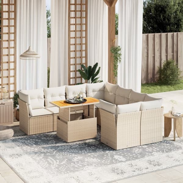 vidaXL sofasæt til haven 9 dele med hynder polyrattan beige