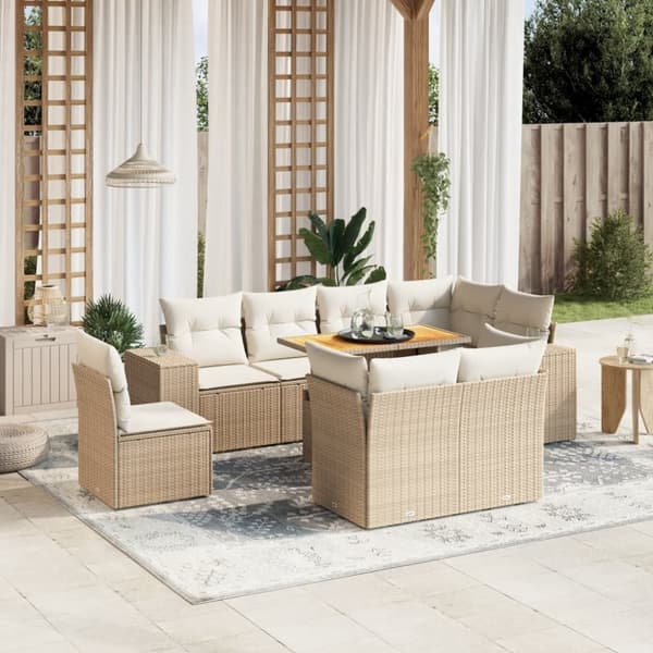vidaXL Soffgrupp för trädgården med dynor 9 delar beige konstrotting