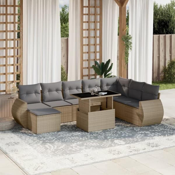 vidaXL sofasæt til haven 9 dele med hynder polyrattan beige